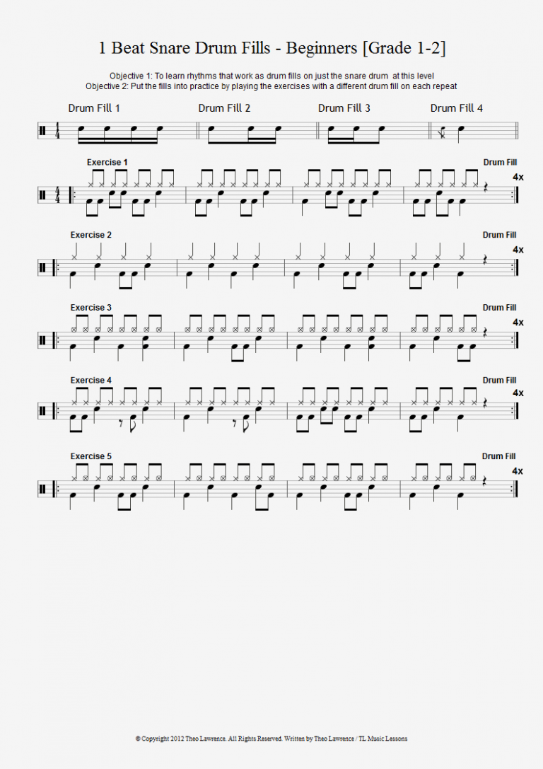 1 Beat Snare Drum Fills with drum beats exercises Learn Drums For Free