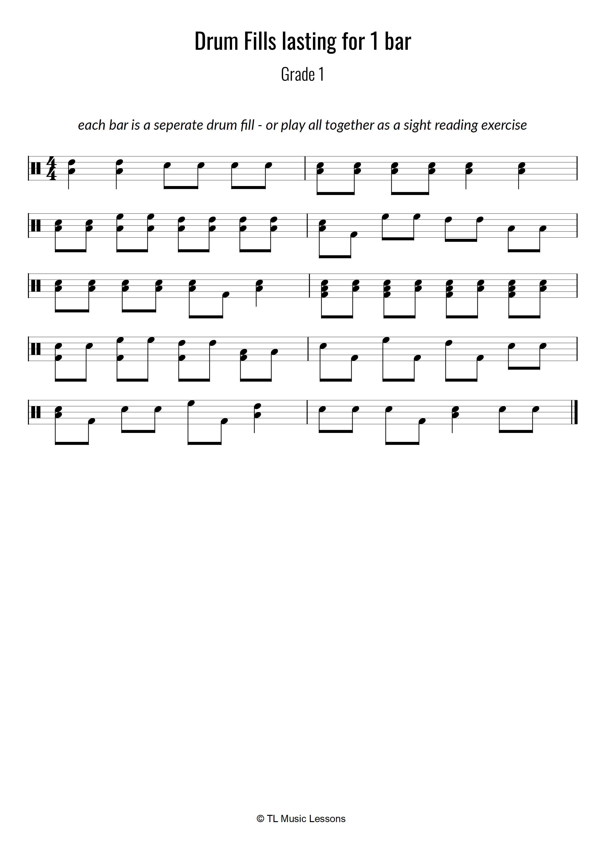 10 Drum Fills lasting 1 bar – Grade 1