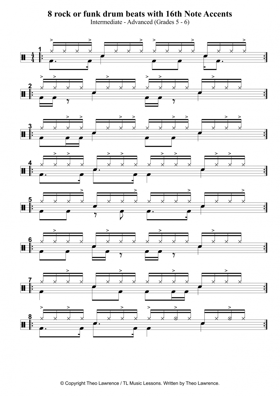 8 Rock Or Funk Drum Beats With 16th Note Accents For Grade 5 And Up Learn Drums For Free