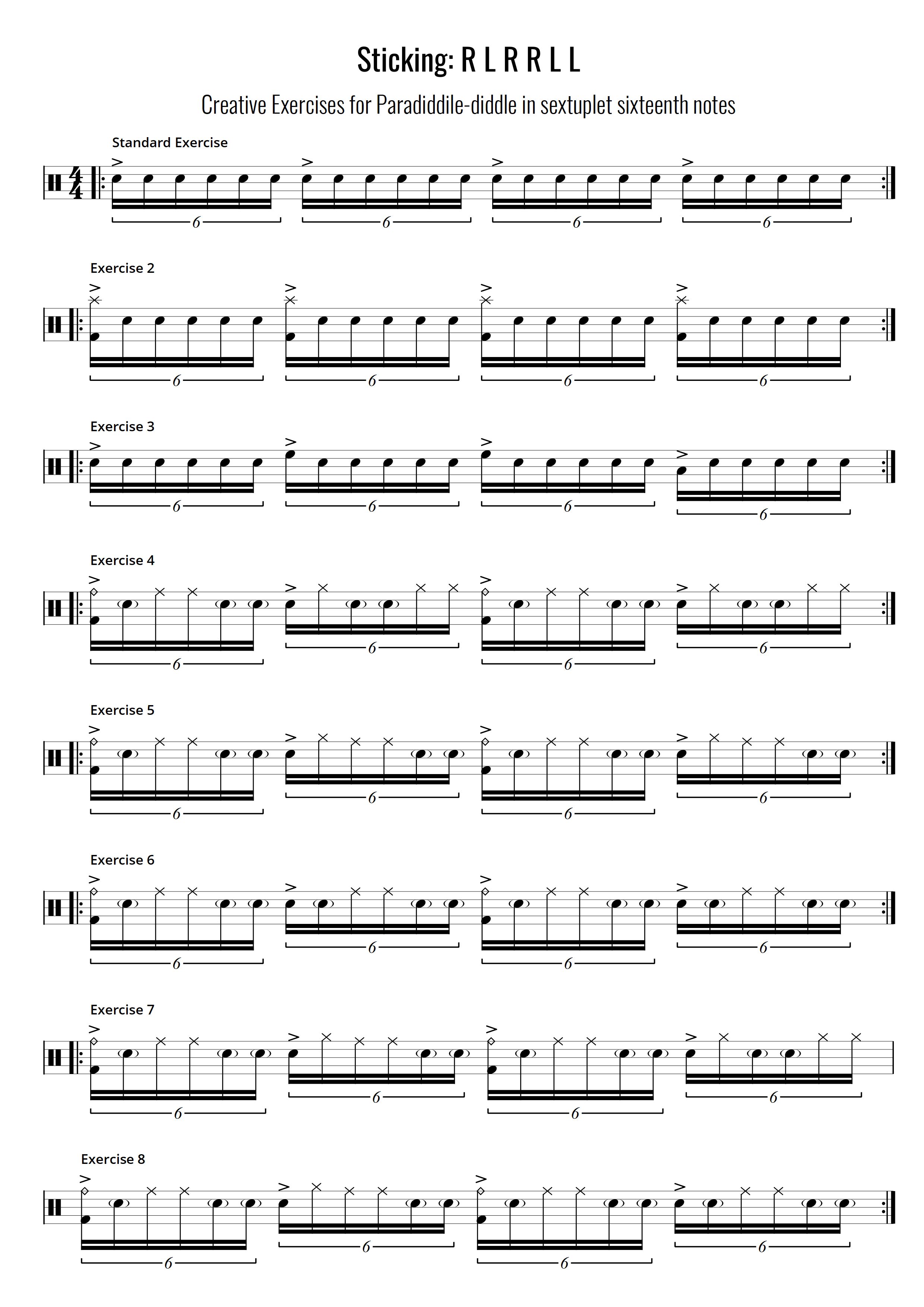 Creative Exercises for Paradiddile-diddle in sextuplet sixteenth notes