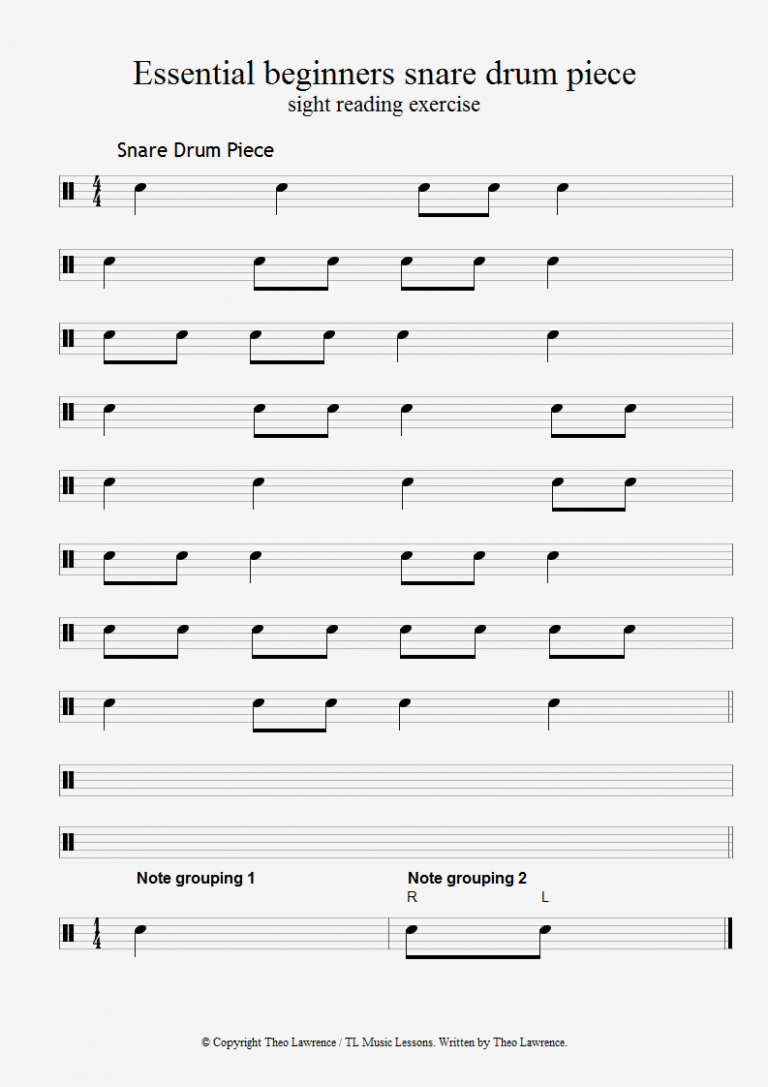 Easy beginners snare drum piece sight reading exercise with crotchets