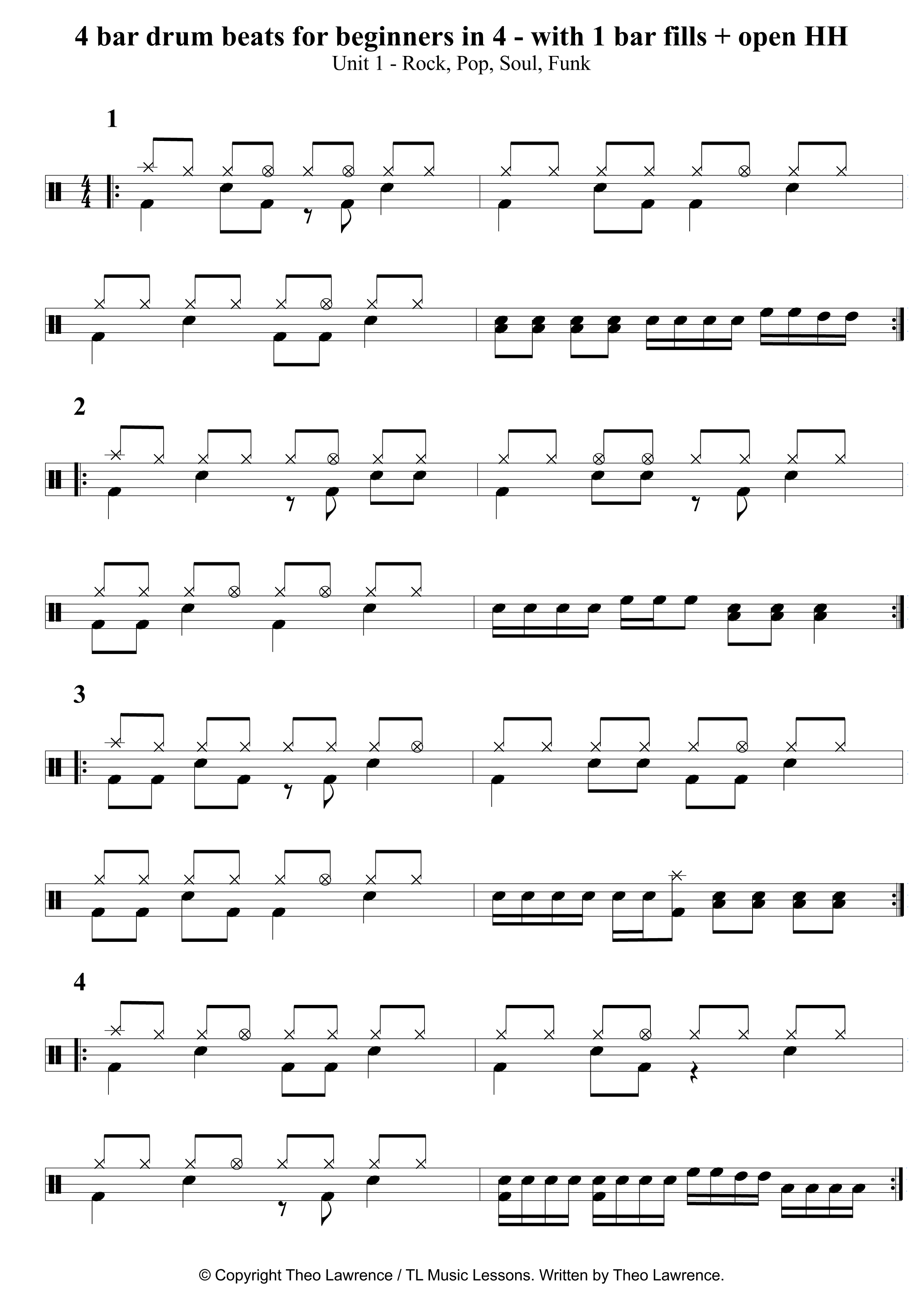 3 bars of drum beats in 4 with open hi hats 1 bar fills learn drums for free