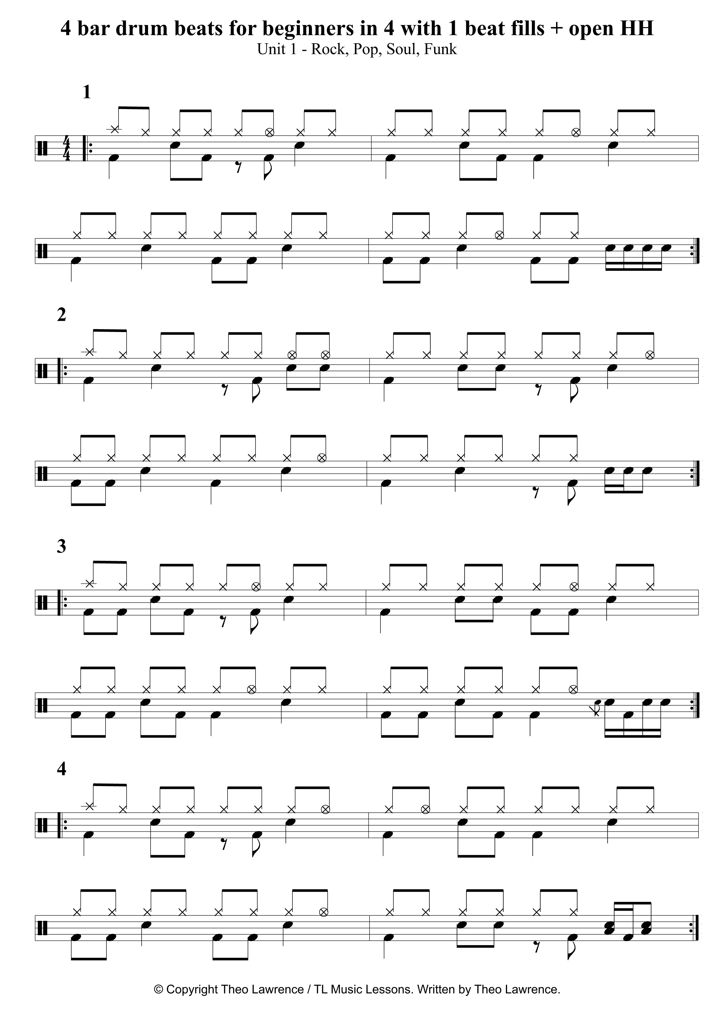 4 bars of drum beats in 4 with open hi hats 1 beat fills on 4th bar learn drums for free