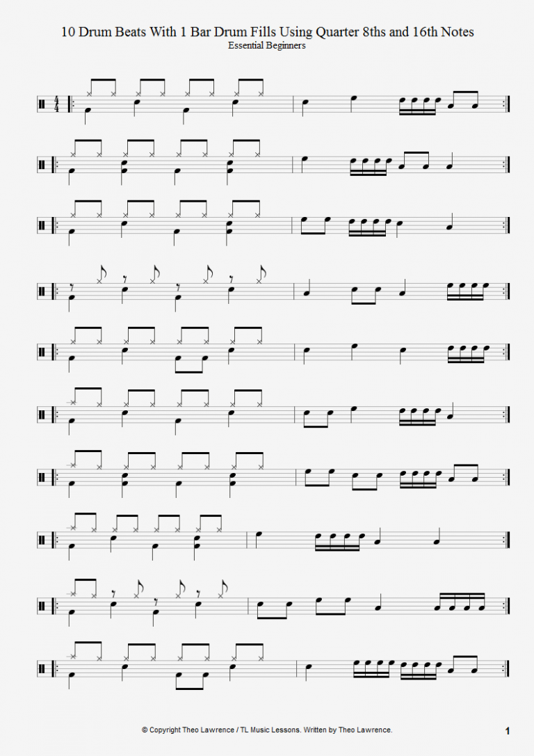 10 Drum Beats With 1 Bar Drum Fills Using Quarter 8ths And 16th Notes 10-drum-beats-with-1-bar-drum-fills-using-quarter-8ths-and-16th-notes