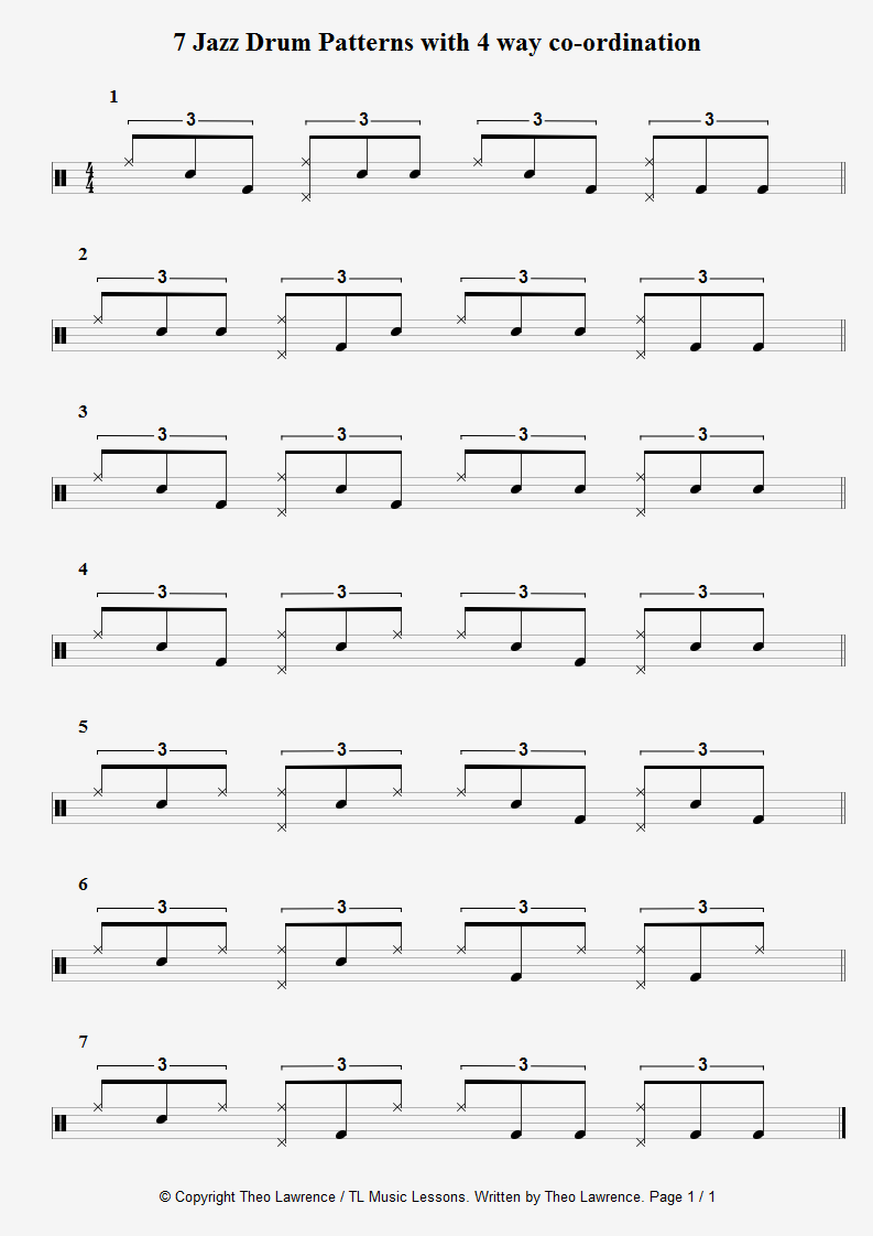 7 Jazz Drum Patterns with 3 and 4 way co-ordination sheets
