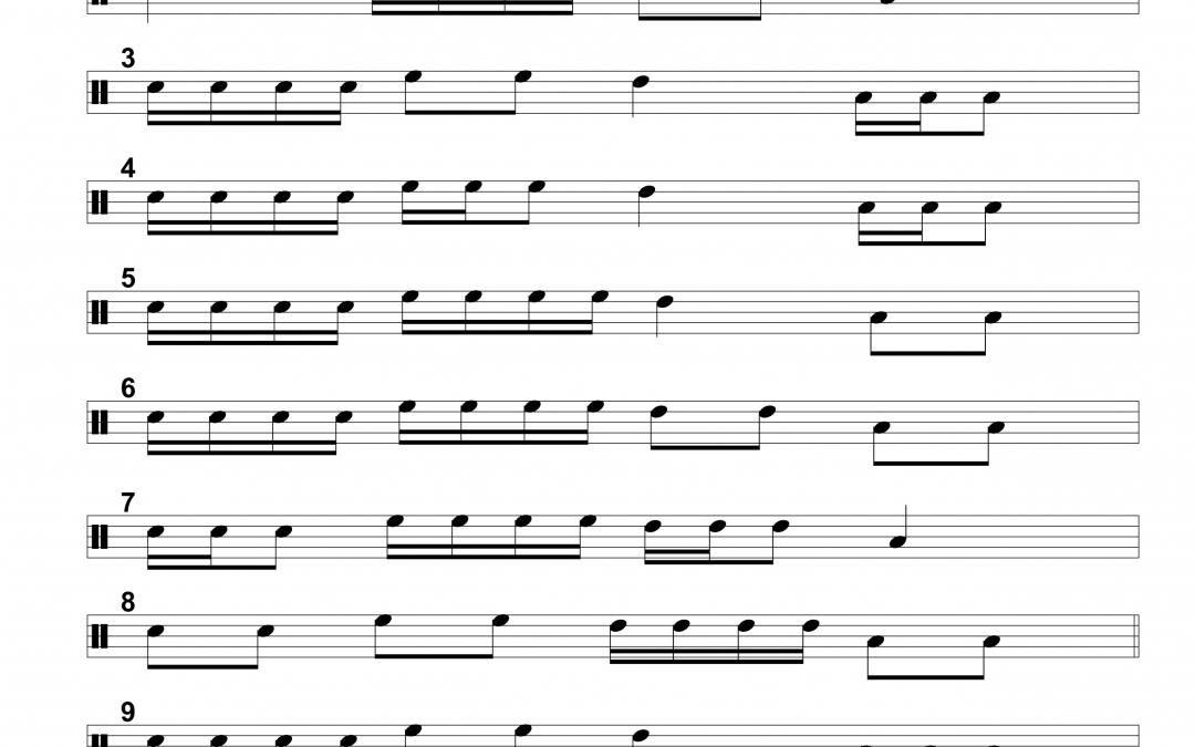 Sheet 3 – 10 EASY drum fills lasting 1 bar around the kit – 8ths and quarters