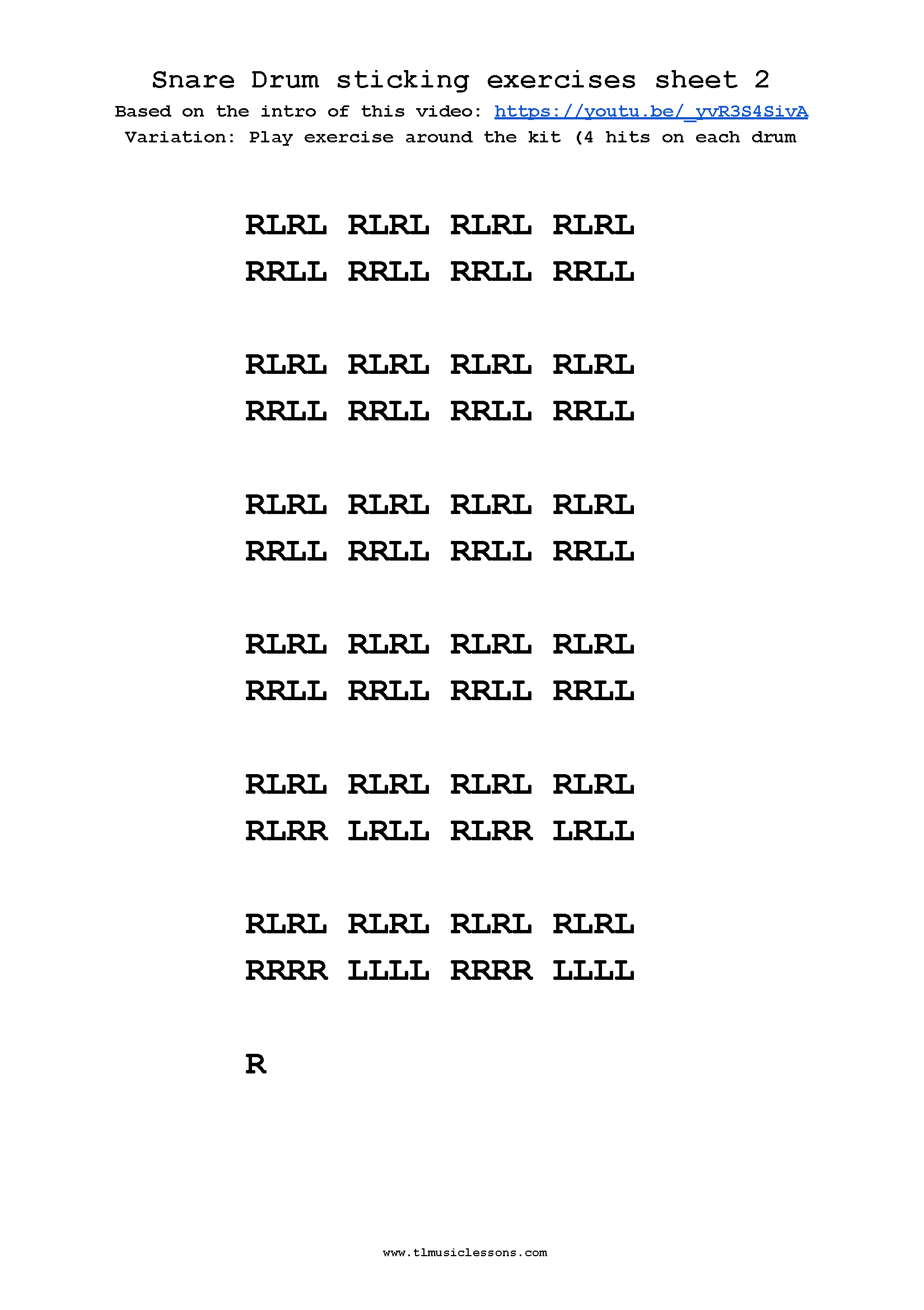 2 Snare Drum Sticking Exercise Sheets