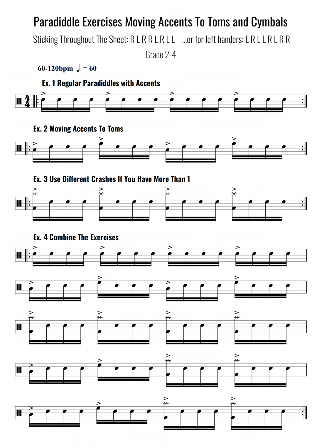 Paradiddle Exercises Moving Accents To Toms and Cymbals
