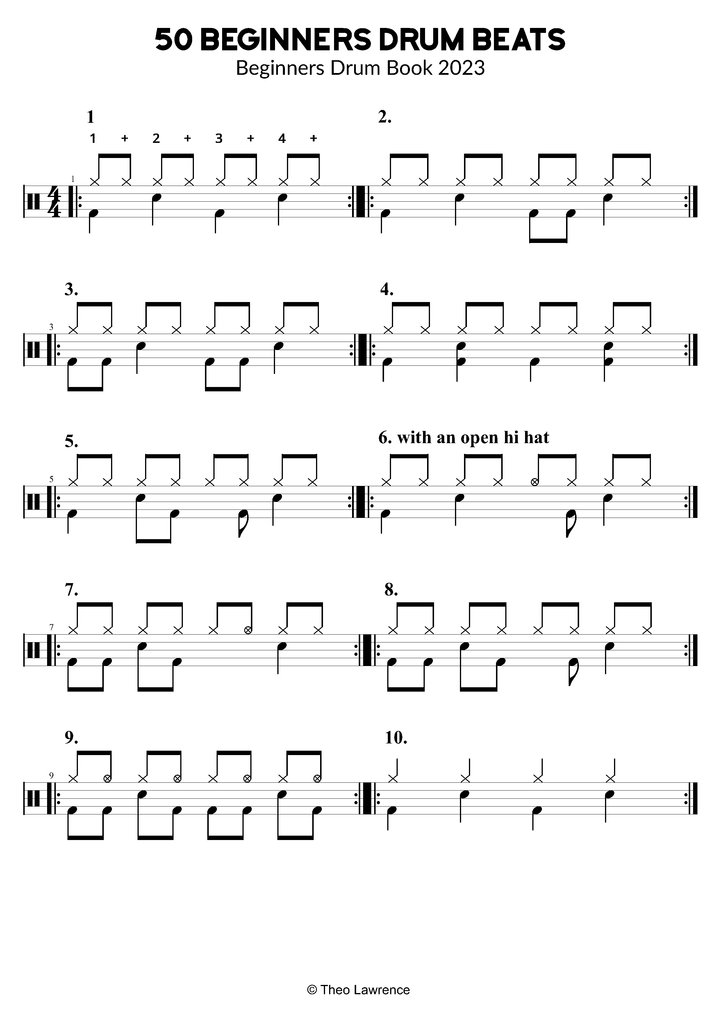 drum notation containing beginners drum beats