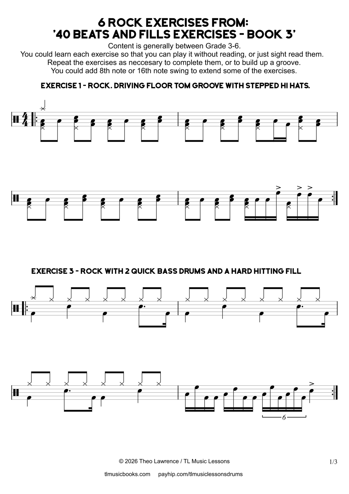 6 Rock Exercises from: '40 Beats and fills Exercises - Book 3'