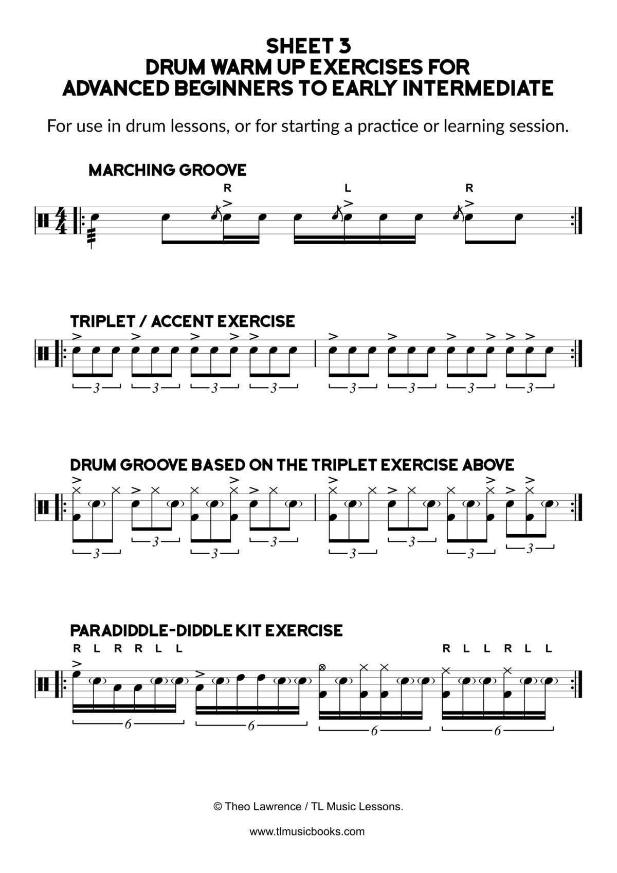 Sheet 3 – Drum Warm Up Exercises for Advanced Beginners to Early Intermediate